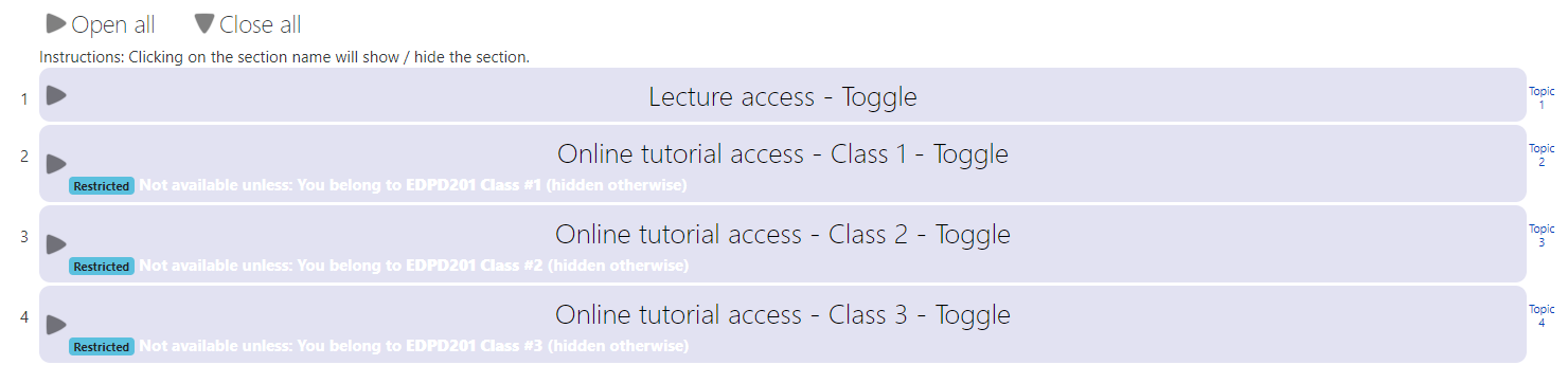 screenshot of EDPD201 collapsed topics regarding lecture and tutorial access